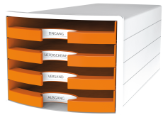 HAN Schubladenbox IMPULS 2.0 – innovatives, attraktives Design in höchster Qualität. Mit 4 offenen Schubladen für DIN A4/C4, weiß-orange, 1013-51