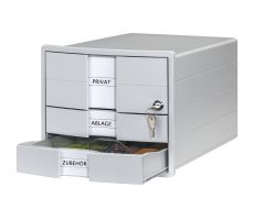HAN Schubladenbox IMPULS – modernes Gehäusedesign für Papierformate DIN A4/C4. Mit 3 geschlossenen Schubladen und Schloss, inkl. Einsatz, lichtgrau, 1018-11