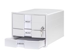 HAN Schubladenbox IMPULS – modernes Gehäusedesign für Papierformate DIN A4/C4. Mit 3 geschlossenen Schubladen und Schloss, inkl. Einsatz, weiß, 1018-12
