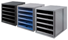 HAN Schubladenbox SCHRANK-SET – attraktives Design für Unterlagen bis DIN C4, mit 5 offenen Schubladen, lichtgrau-blau, 1401-14