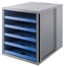 HAN Schubladenbox SCHRANK-SET KARMA – attraktives Design für Unterlagen bis DIN C4, BLAUER ENGEL zertifiziert, mit 5 offenen Schubladen, öko-grau/öko-blau, 14018-16