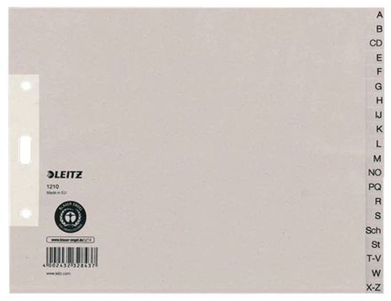 Leitz 1210 Register - A - Z, Papier, A4 Überbreite, halbe Höhe, 20 Blatt, grau