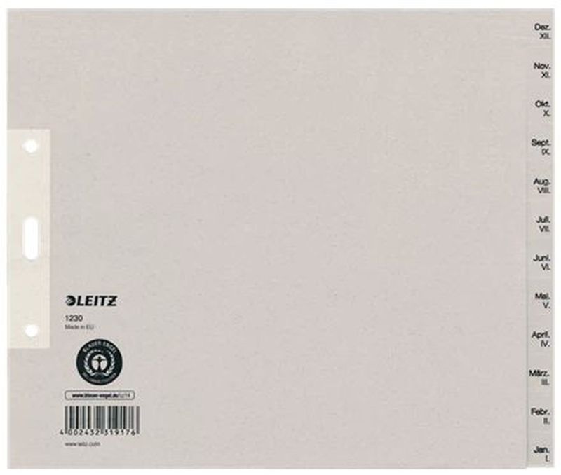 Leitz 1230 Monatsregister - Dez-Jan, Papier, A4 Überbreite, 20 cm hoch, 12 Blatt, grau