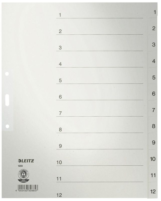 Leitz 1233 Zahlenregister - 1-12, Papier, A4 Überbreite, 12 Blatt, grau