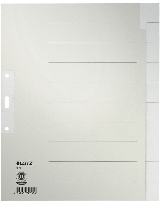Leitz 1221 Register - Tauenpapier, blanko, A4 Überbreite, 10 Blatt, grau