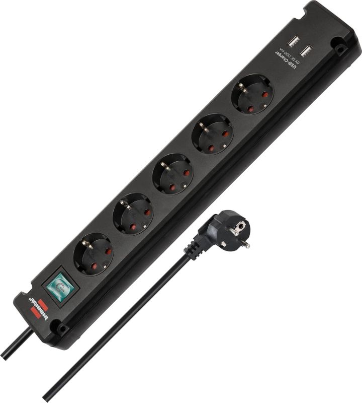 Brennenstuhl 1150660315 Bremounta Steckdosenleiste mit USB-Ladefunktion 5fach schwarz 3m H05VV-F 3G1,5 mit Schalter