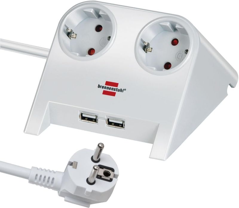 Brennenstuhl 1153520222 Tischsteckdose Desktop-Power, 2-fach, 2 x USB (Tischsteckdose mit 1,8m Kabel, Mehrfachsteckdose mit Gummifüßen und 2-Fach USB) weiß poliert [Energieklasse B]