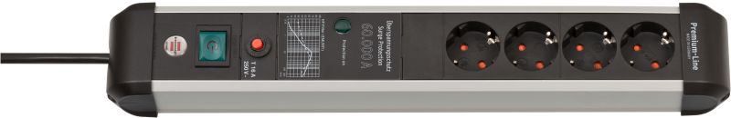 Brennenstuhl 1391010400 Premium-Protect-Line 60.000A Überspannungsschutz-Steckdosenleiste 4-fach 3m H05VV-F 3G1,5