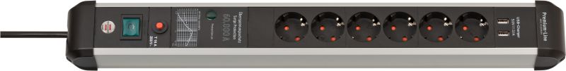 Brennenstuhl 1391010610 Premium-Protect-Line 60.000A Überspannungsschutz-Steckdosenleiste mit USB-Ladefunktion 6-fach 3m H05VV-F 3G1,5