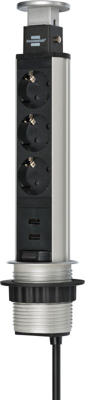 Brennenstuhl 1396200013 Tower Power USB-Charger Tischsteckdosenleiste 3-fach mit 2 USB Ladebuchsen 2m H05VV-F 3G1,5, in Tischplatte versenkbar