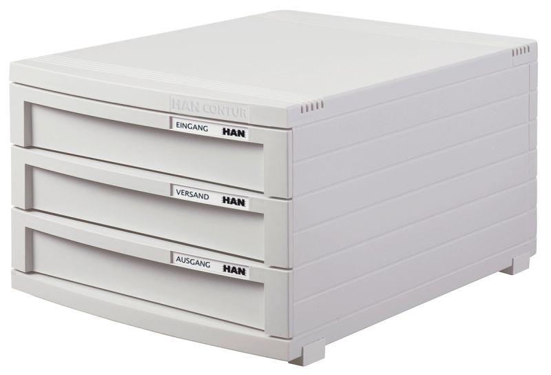 HAN Schubladenbox CONTUR – modernes und modular erweiterbares Schubladensystem, mit 3 geschlossenen Schubladen bis Format DIN B4, lichtgrau, 1503-11