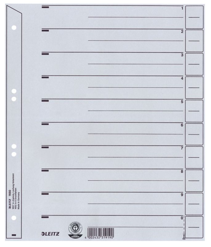 Leitz 1650 Trennblätter - A4 Überbreite, 100 Stück, grau