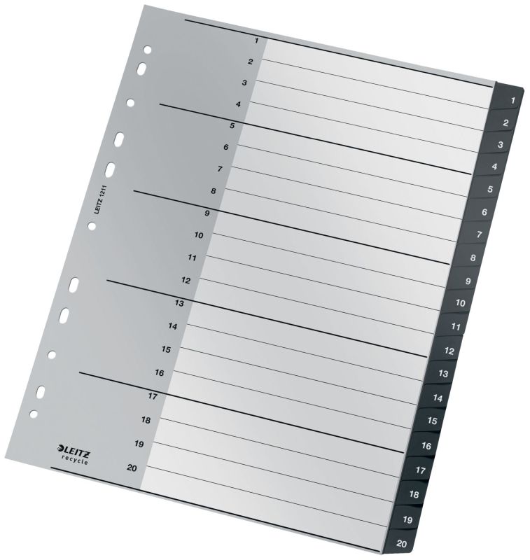 Leitz 1211 Ordnerregister Recycle - 1-20, A4 extra breit, PP, 20 Blatt, schwarz