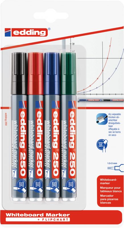 Whiteboardmarker edding 250, nachfüllbar, 1,5 - 3 mm, Sortiert