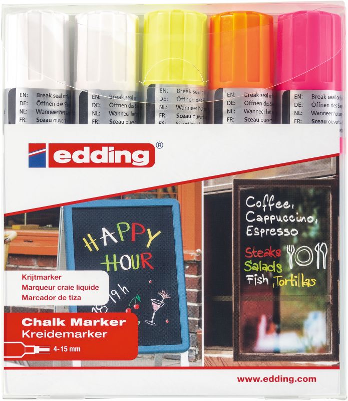 Kreidemarker edding 4090, 4 - 15 mm, 2x weiß, neongelb, neonorange und neonpink