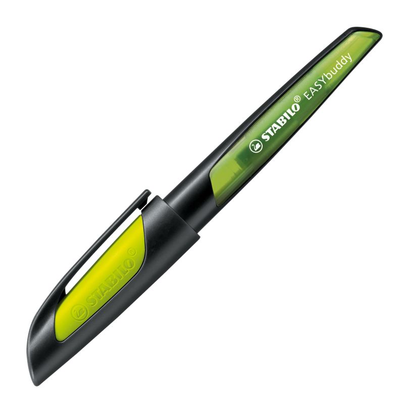 Schulfüller mit Linkshänder-Feder L - STABILO EASYbuddy in schwarz/limette - Schreibfarbe blau (löschbar) - Einzelstift - inklusive Patrone