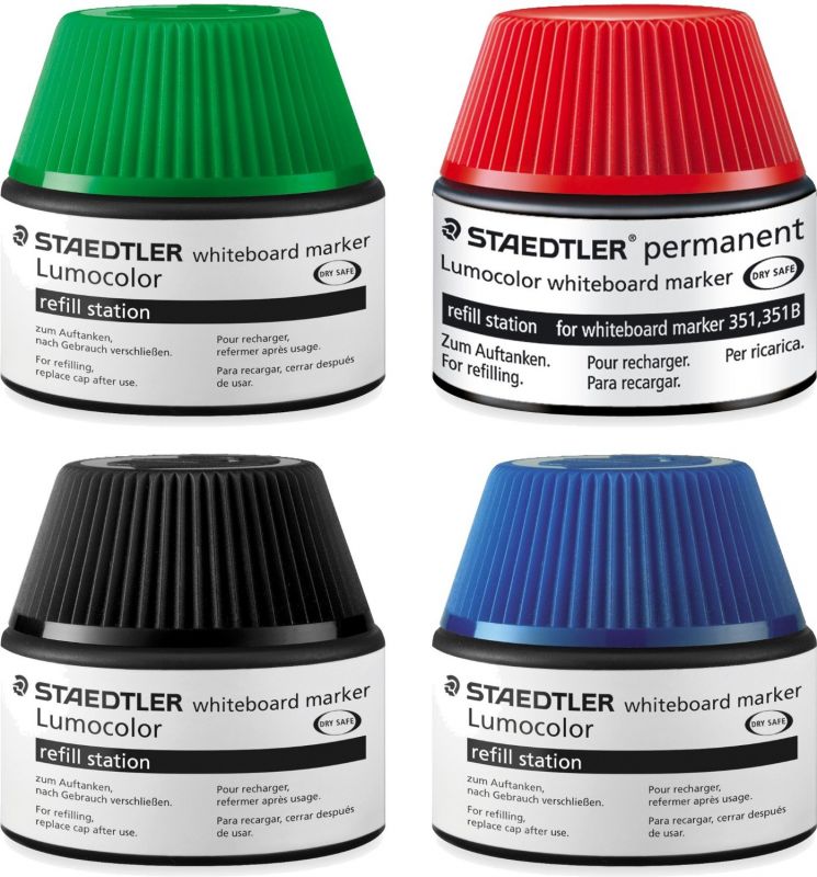 Staedtler Lumocolor whiteboard Marker Nachfüllstation für 351/351 B, 15-20x Nachfüllen 4 Farben blau rot grün schwarz