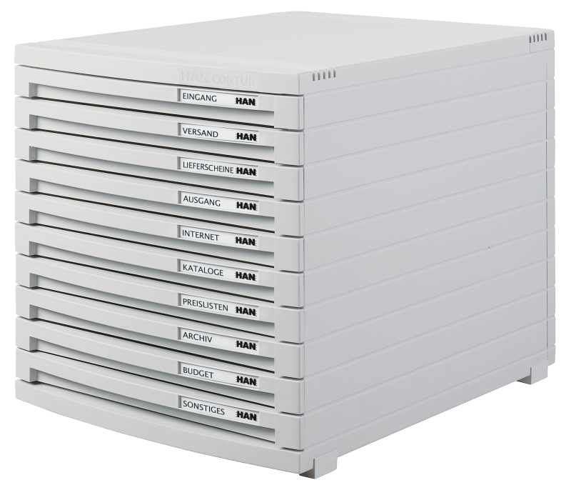 HAN Schubladenbox CONTUR – modernes und modular erweiterbares Schubladensystem, mit 10 geschlossenen Schubladen bis Format DIN B4, lichtgrau, 1510-11