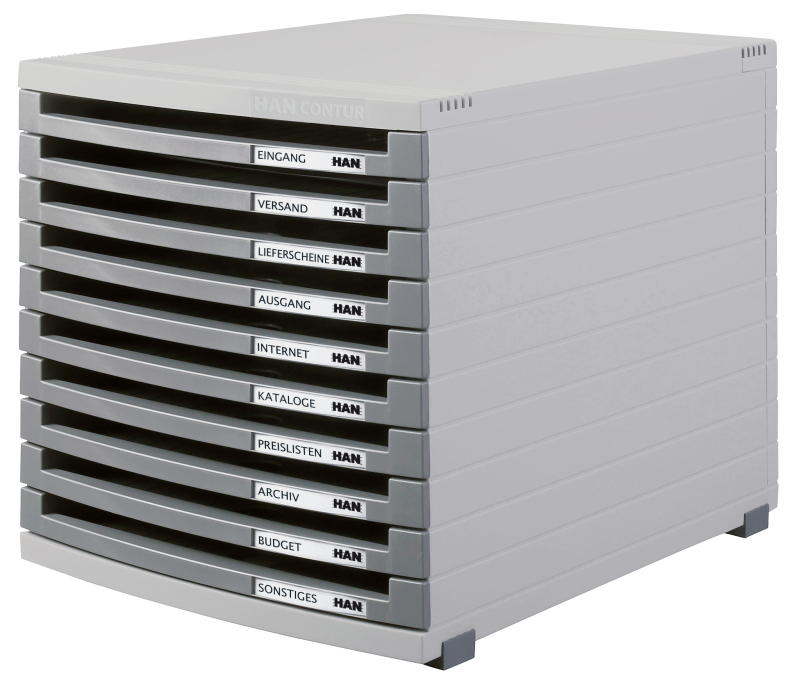 HAN Schubladenbox CONTUR – modernes und modular erweiterbares Schubladensystem, mit 10 offenen Schubladen bis Format DIN B4, lichtgrau-dunkelgrau, 1510-0-19