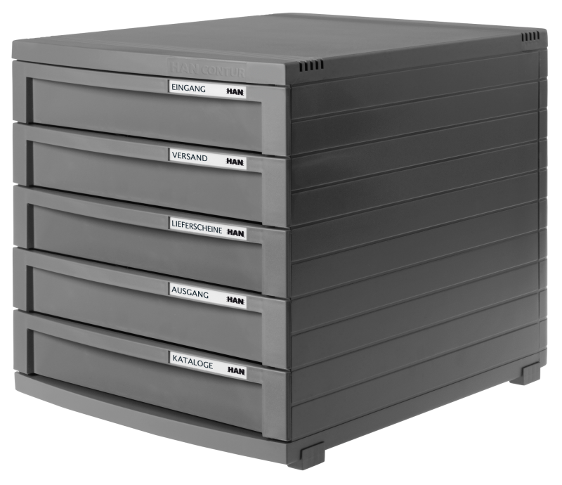 HAN Schubladenbox CONTUR – modernes und modular erweiterbares Schubladensystem, mit 5 geschlossenen Schubladen bis Format DIN B4, dunkelgrau, 1505-191