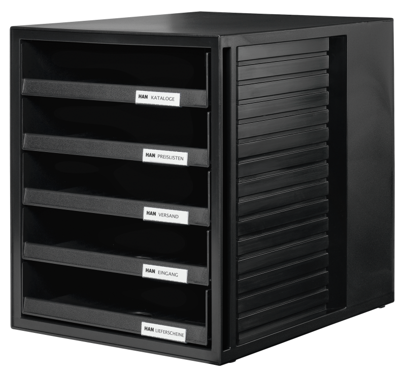 HAN Schubladenbox SCHRANK-SET – attraktives Design für Unterlagen bis DIN C4, mit 5 offenen Schubladen, schwarz, 1401-13