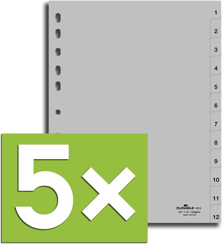 Durable Register für DIN A4, volldeckend (5er Pack - grau, 1-12)