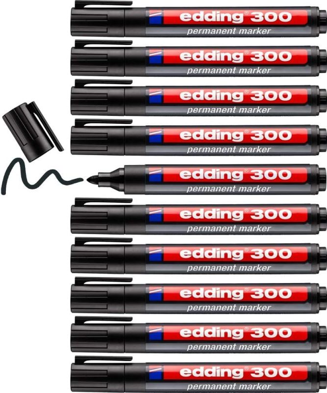 edding 300 Permanentmarker - schwarz - 10 Stifte - Rundspitze 1,5-3 mm - wasserfest, schnell-trocknend - wischfest - für Karton, Kunststoff, Glas, Holz, Metall, Glas
