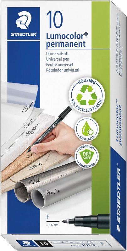 STAEDTLER permanent Marker Lumocolor, schwarz, F-Spitze Linienbreite ca. 0,6 mm, wisch- und wasserfest, Made in Germany, nachfüllbar, lange Lebensdauer, 10 Universalstifte im Kartonetui, 318-9