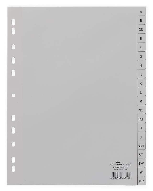 Durable A-Z Register A4, geprägte Taben, 20tlg., aus PP, volldeckend 20 Stück, grau, 651010