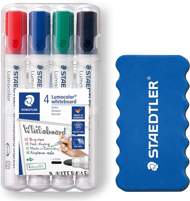 STAEDTLER Whiteboard Marker Lumocolor, ca. 2 mm Linienbreite, trocken und rückstandsfrei abwischbar von Whiteboards, hohe Qualität, Set mit 4 Markern inklusive Schwamm, 351 WP4P1X