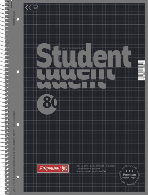 10 Collegeblöcke Brunnen Student A4, Colour Code onyx, kariert (Lin. 28) 80 Blatt, 90g/m²
