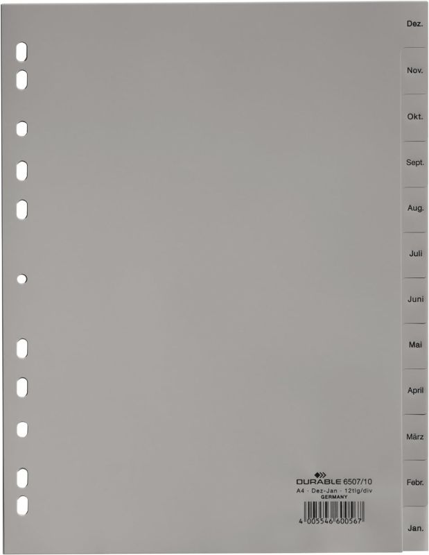 Durable Monatsregister umgekehrter Ablauf (A4, geprägte Taben Dez-Jan, 12-teilig, Universallochung) 25 Stück, grau, 650710