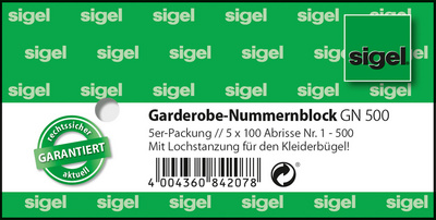 sigel Nummernblock Garderobe, 1-500, (B)105 x (H)50 mm