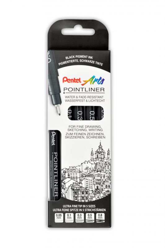 Pentel Pigmentierter Fineliner Pointliner S20P, 0,05/0,1/0,3/0,5/0,8mm, Schwarz 5 Strichstärken im Set