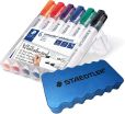 Staedtler Lumocolor 351 WP6 Whiteboard-Marker, Rundspitze ca. 2 mm Linienbreite, Set mit 6 Farben (1 Etui + Whiteboardschwamm)