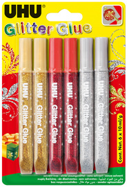 UHU Glitzerkleber Glitter Glue Festliche Farben, 6 x 10 ml